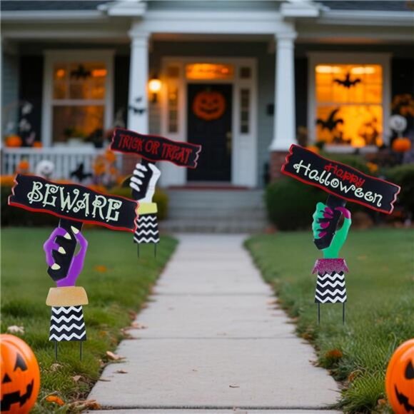 3 Pack Halloween Yard Stakes Outdoor Decorations – Scary Metal Hand Signs - Picture 4 of 7